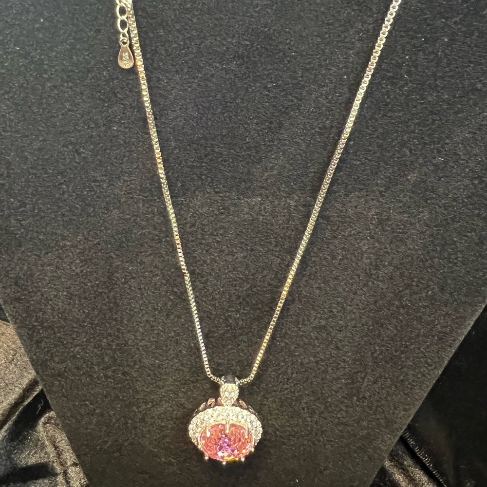 GORGEOUS Giant Pink Rose-Cut CZ & Moissanite Halo-Style Pendant 17 ctw 20” - Picture 5 of 13